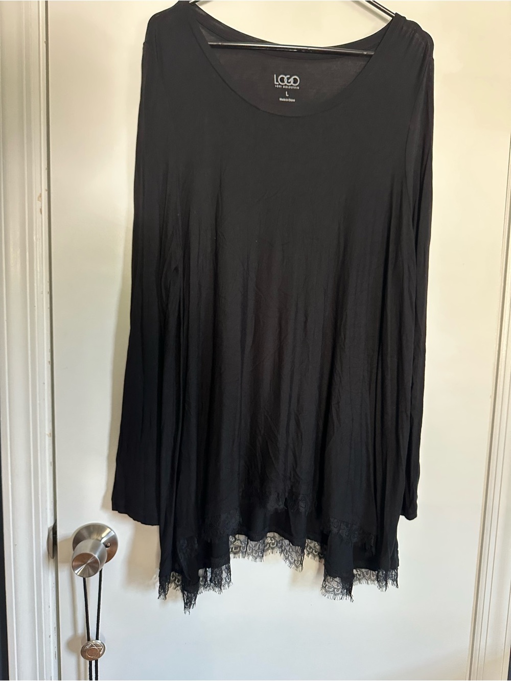 LOGO by Lori Goldstein Black Long-Sleeve Lace Hem Top Size Large